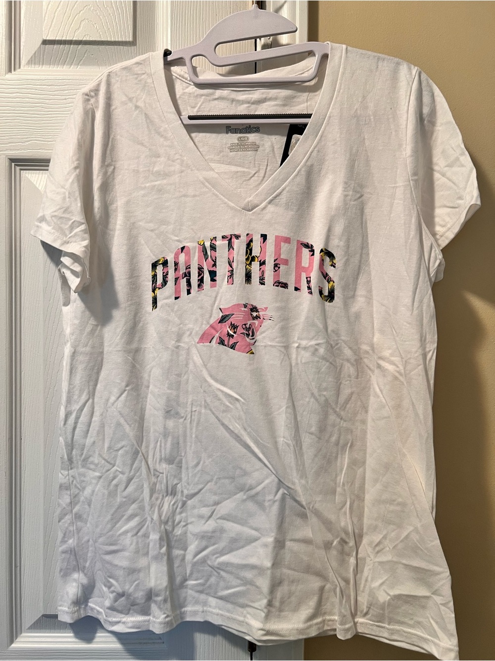 Fanatics White V-Neck Tee with Pink Floral Panthers Logo